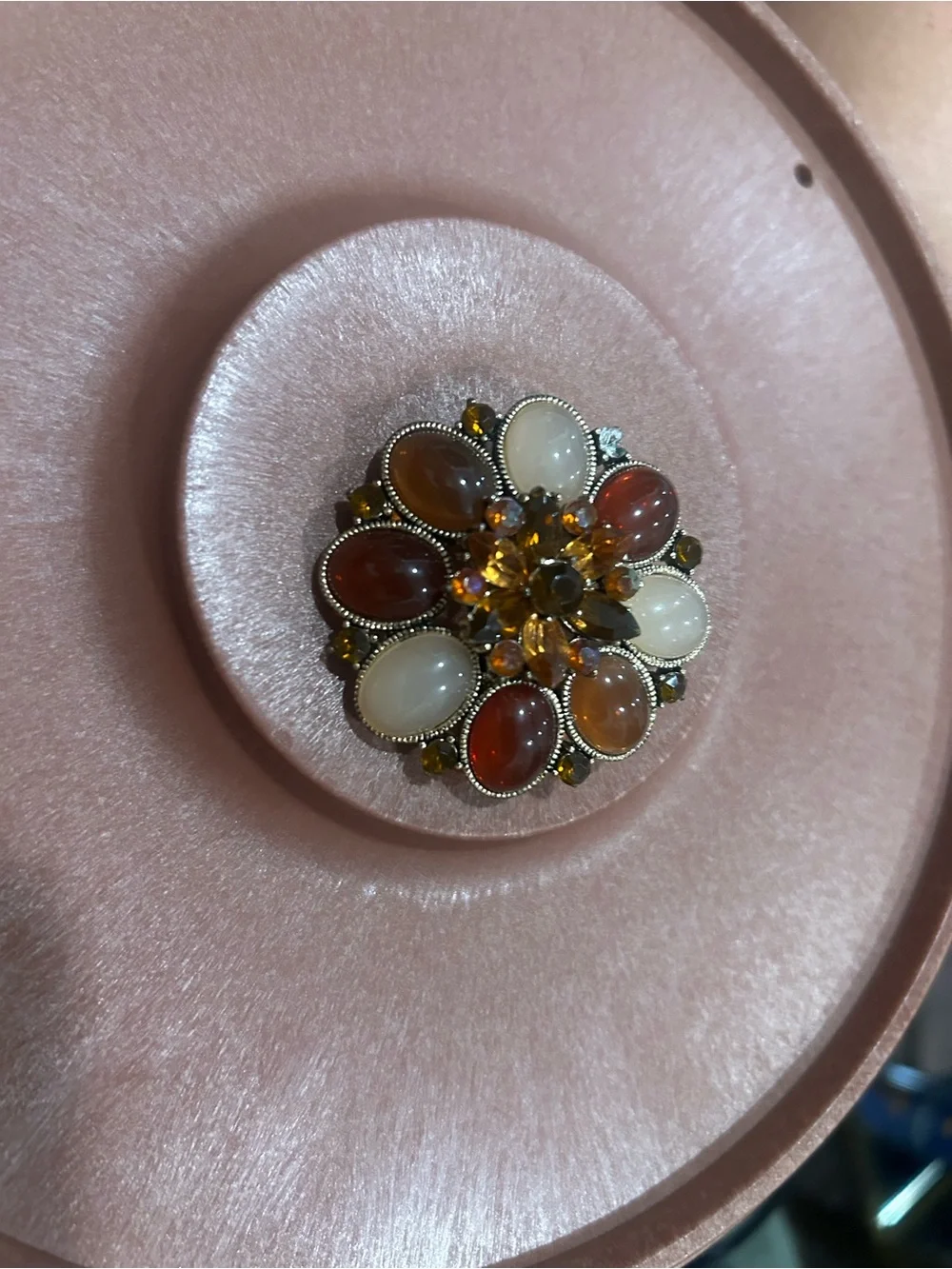 Vintage cabochon Flower Jelly Bean Rhinestone Convertible Brooch gold tone metal